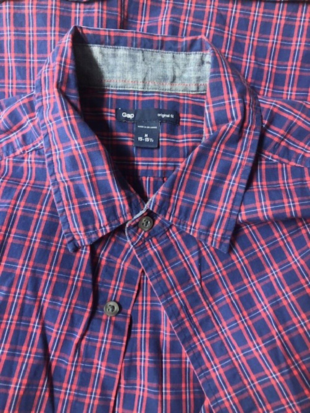Gap Men's Plaid Button Down Short Sleeve Shirt Red Blue Check size M 15-15.5